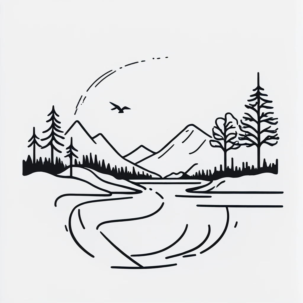 <lora:Simplest_line_artPony:1>. ARSMJSTYLE, simplest line art,  art landscape, A black and white illustration of a red balloon floating in the air., no humans, mountain, bird, tree, mount fuji, border, nature, monochrome, white background, lake, outdoors, forest, scenery, simple background, reflection, water