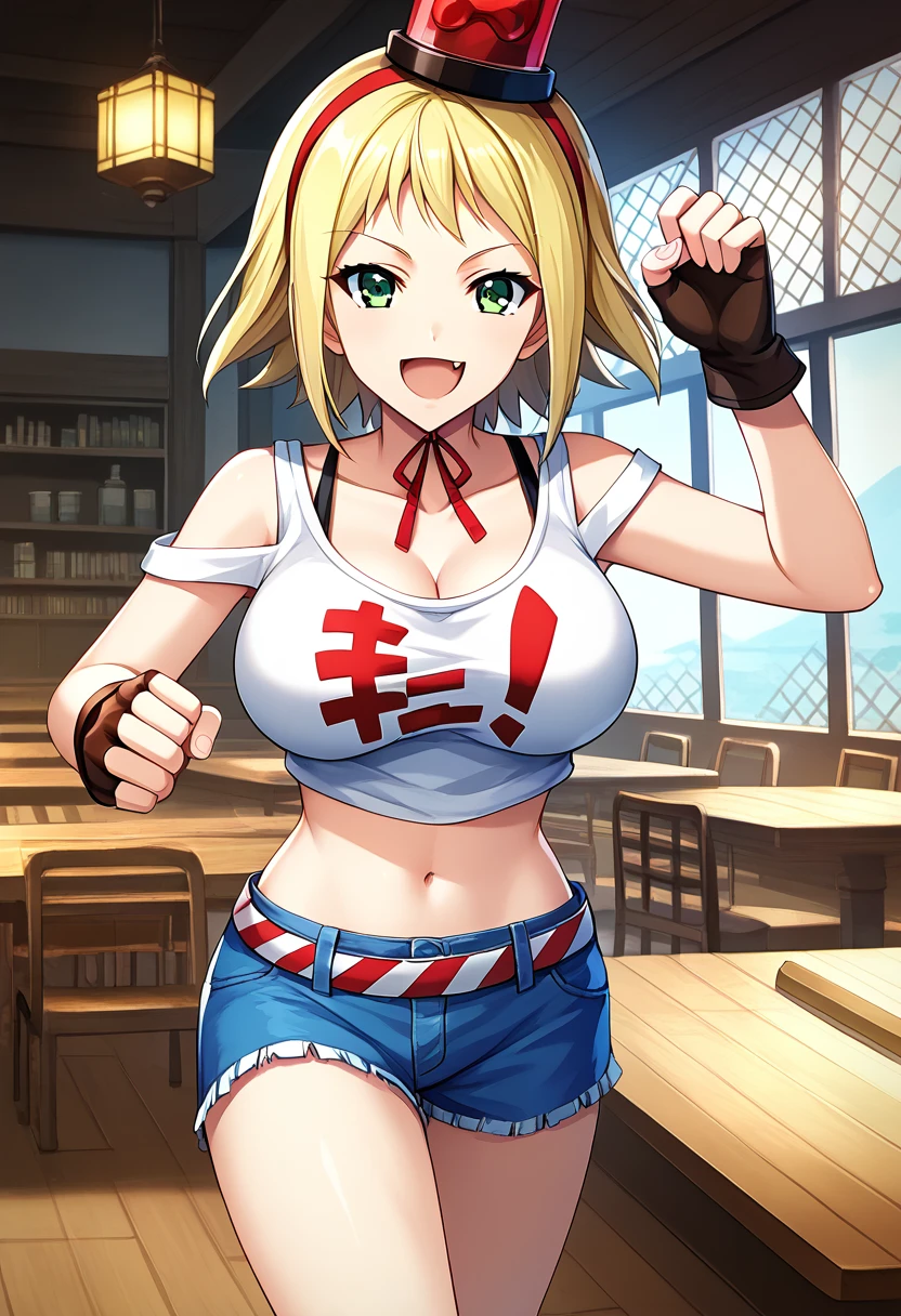 score_9, score_8_up, score_7_up, BREAK source_anime, best quality, masterpiece,very aesthetic, zPDXL2,official art,detailed_eyes,1girl, solo,
patoranran, blonde hair, short hair, green eyes, large breasts, fang
top hat, object on head, hairband, breasts, cleavage, shorts, fingerless gloves, navel, gloves, midriff, short shorts, crop top, denim, shoes, denim shorts, sneakers, tank top, belt,
<lora:patoranran_pony_v1:1> 
( standing:1.3),(dynamic pose),
smile, open mouth,  
looking at viewer,(cowboy shot,:1.5 ),
indoors, (mahjong)