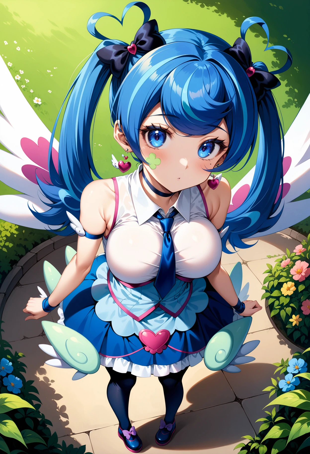 (masterpiece, best quality, very aesthetic, ultra detailed), intricate details, 4k, bbangel, blue hair, streaked hair, twintails, hair bow, earrings, blue eyes, facial mark, wings, breasts, choker, bare shoulders, blue necktie, collared shirt, white shirt, dress, sleeveless, arm strap, wrist cuffs, blue skirt, blue thighhighs, <lora:zaizen_aoi_animagine_v1:0.9>, standing, full body, shoes, from above, garden,