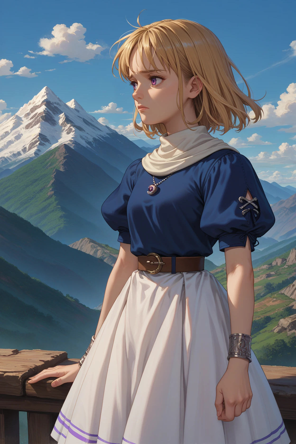 score_9, score_8_up, score_7_up, score_6_up, source_anime, 1girl, solo <lora:yselena-pdxl-nvwls-v1-000005:1> ysElena, blonde hair, medium hair, purple eyes, bracelet, pendant, blue shirt, puffy sleeves, short sleeves, belt, white skirt, sad, looking away, mountains, blue sky, clouds