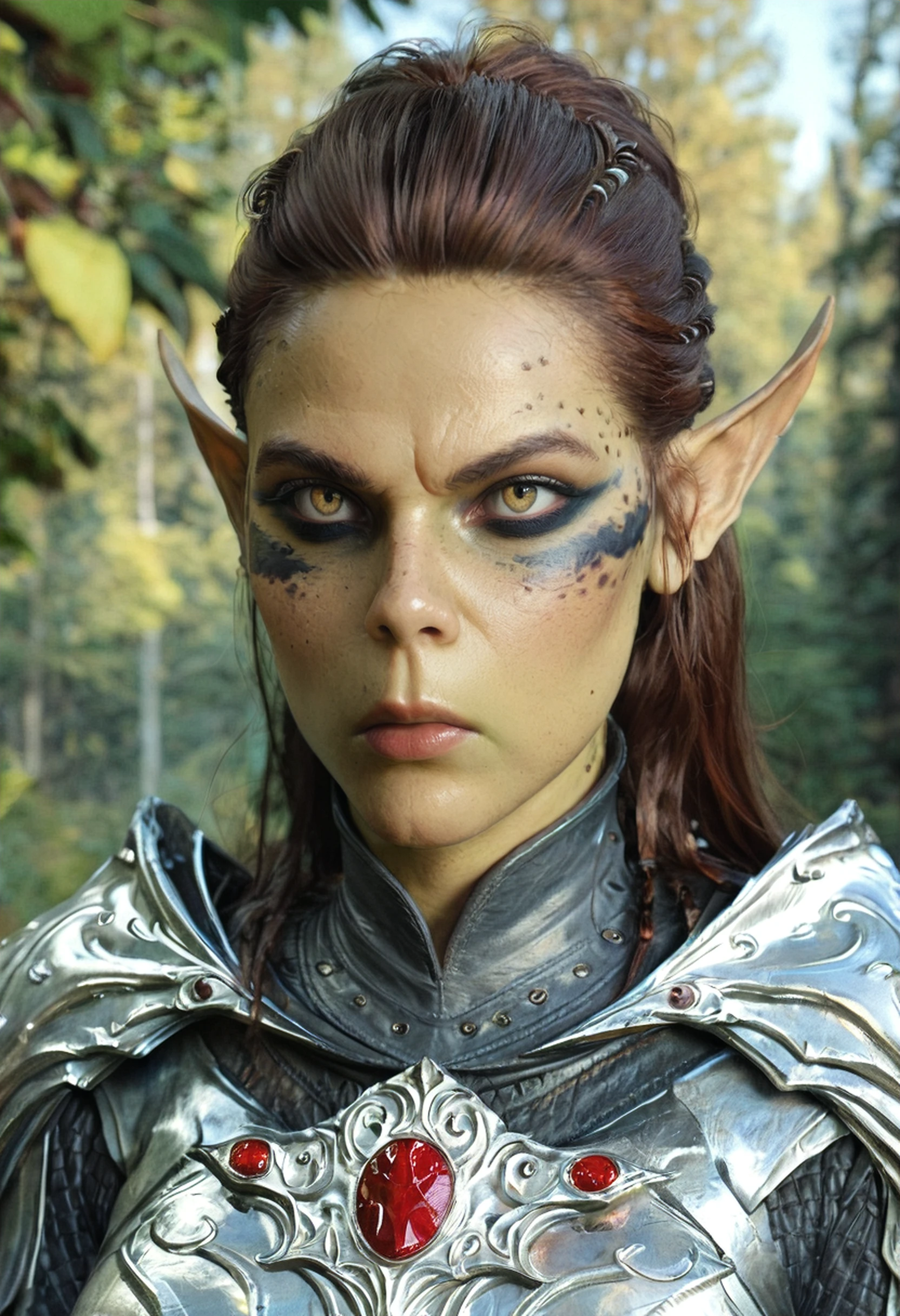 score_9, score_8_up, score_7_up, BREAK, zy_laezel, 1girl, pointy ears, green skin, gith, brown hair, angry, portrait, wearing heavy armor, realistic, photo, real hair, detailed skin, medieval fantasy, forest, highly detailed, detailed skin, depth of field, film grain, <lora:zy_LaeZel_PonyRealism_v1:0.75>
