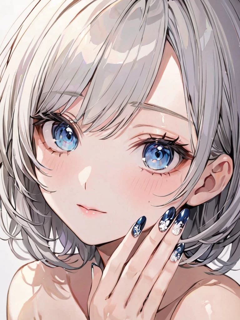 masterpiece,ultra-detailed,best quality,8K,illustration,cute face,clean skin ,shiny hair,girl,ultra-detailed-eyes,simple background, <lora:add-detail-xl:1>  <lora:nail art_XL_V1.0:0.6> nail art, fingernails