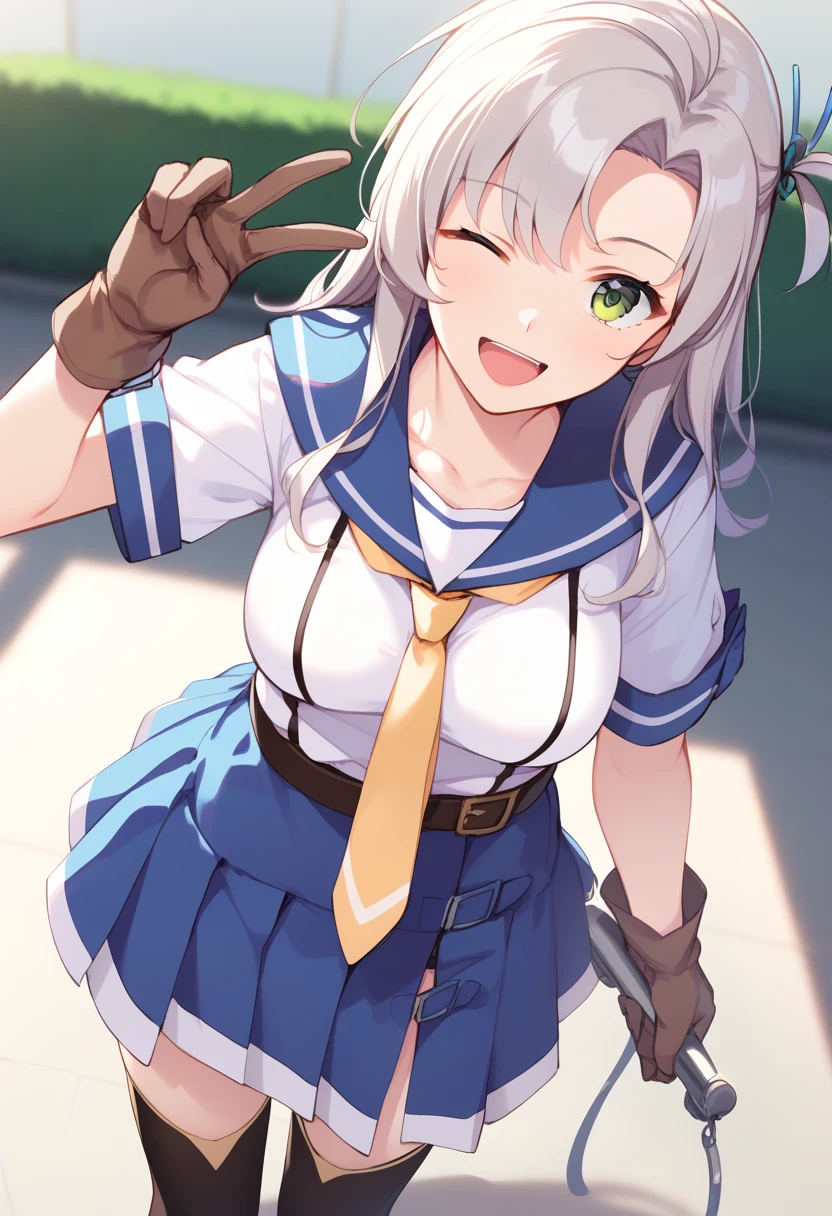 score_9, score_8_up, score_7_up, BREAK source_anime, game cg, (anime screencap), 1girl, solo, kinugasakaini, laughing,  one eye closed,  grey hair, hair tie, green eyes, blue sailor collar, serafuku, yellow necktie, brown gloves, belt, skirt,  black thighhighs,looking at viewer,standing, v<lora:kinugasak2_v1:0.8>