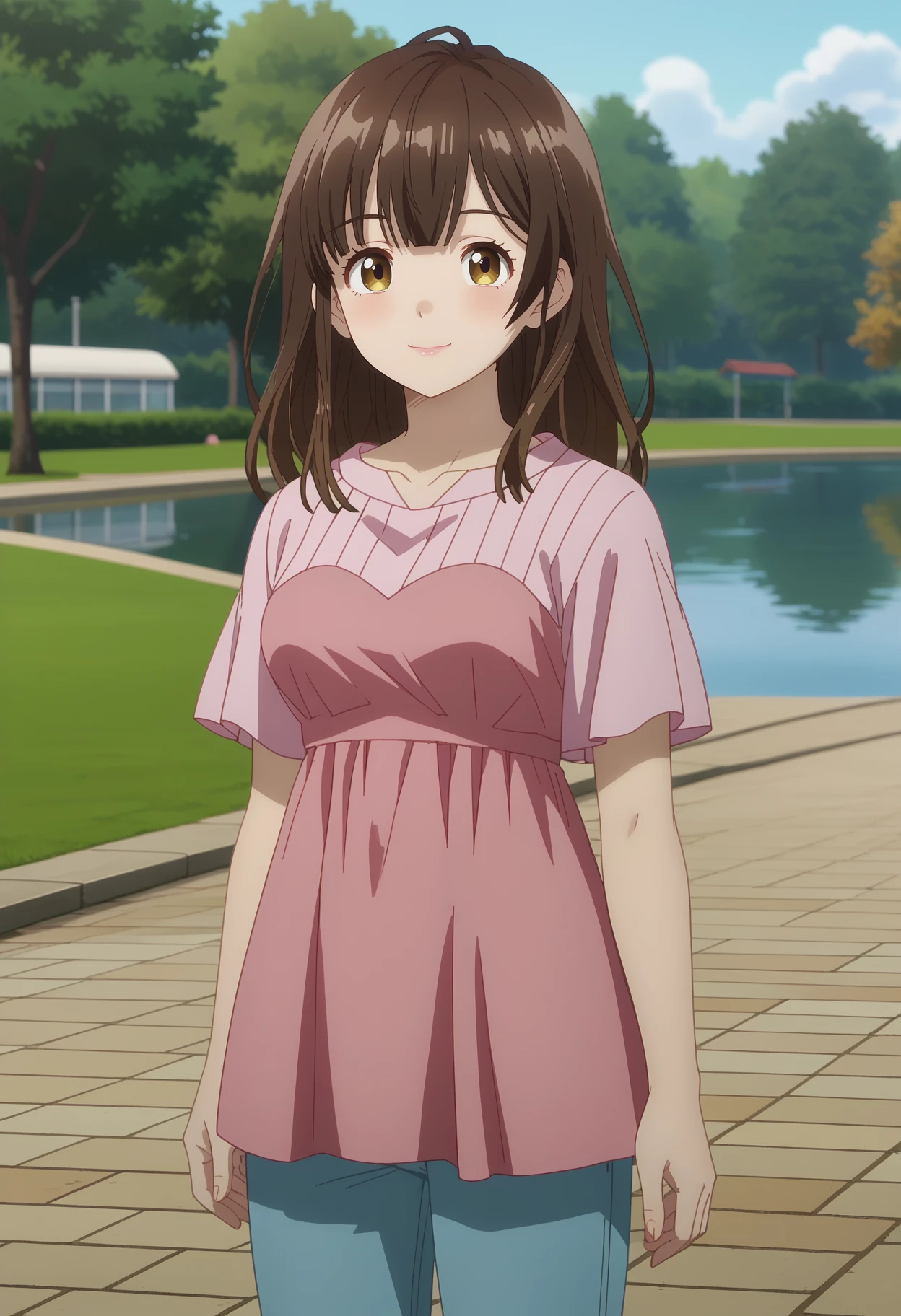 score_7_up, anime screencap,
<lora:HigeHiro_OgiwaraSayuXL:0.9>, 
1girl, solo, closed mouth, light smile,
long hair, brown hair, multicolored eyes, brown eyes, yellow eyes,
SayuDress, pink dress, short sleeves, blue pants,
standing, looking at viewer,
blurry background, outdoors, park, lake