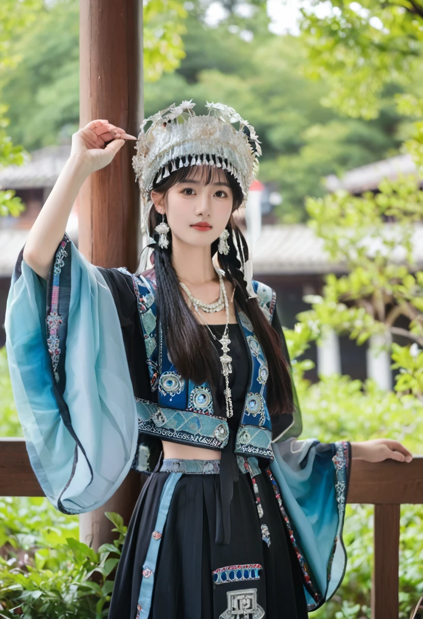 Score_9, Score_8_up, Score_7_up, miaoyuansu, miao5, 1girl, solo, black hair, looking at viewer, hat, jewelry, outdoors, standing, earrings, necklace, blurry, blurry background, dress, long hair, realistic, traditional clothes, long sleeves, photo background, day, hand up, blue dress, wide sleeves, tree, mole, plant, white headwear, , mole under eye,, highly detailed face, perfect detail face,  best quality, masterpiece,beautiful detailed eyes,<lora:miaoyuansuPONY1-000013:0.9>