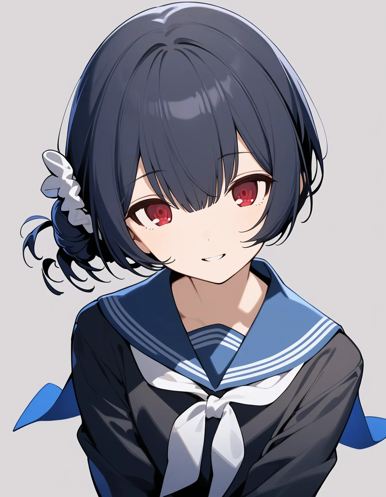 r_morino, 1girl, solo, red eyes, short hair, black hair, blue hair, bangs, hair between eyes, flat chest, looking at viewer, single hair bun, hair bunest, looking at viewer, single hair bun, hair bun, parted lips, smile, hair ornament, white scrunchie, hair ribbon, upper body, facing viewer, sailor collar, black shirt, simple background,
masterpiece, best quality, very aesthetic, absurdres
 <lora:r_morinoXL_animagine:1>