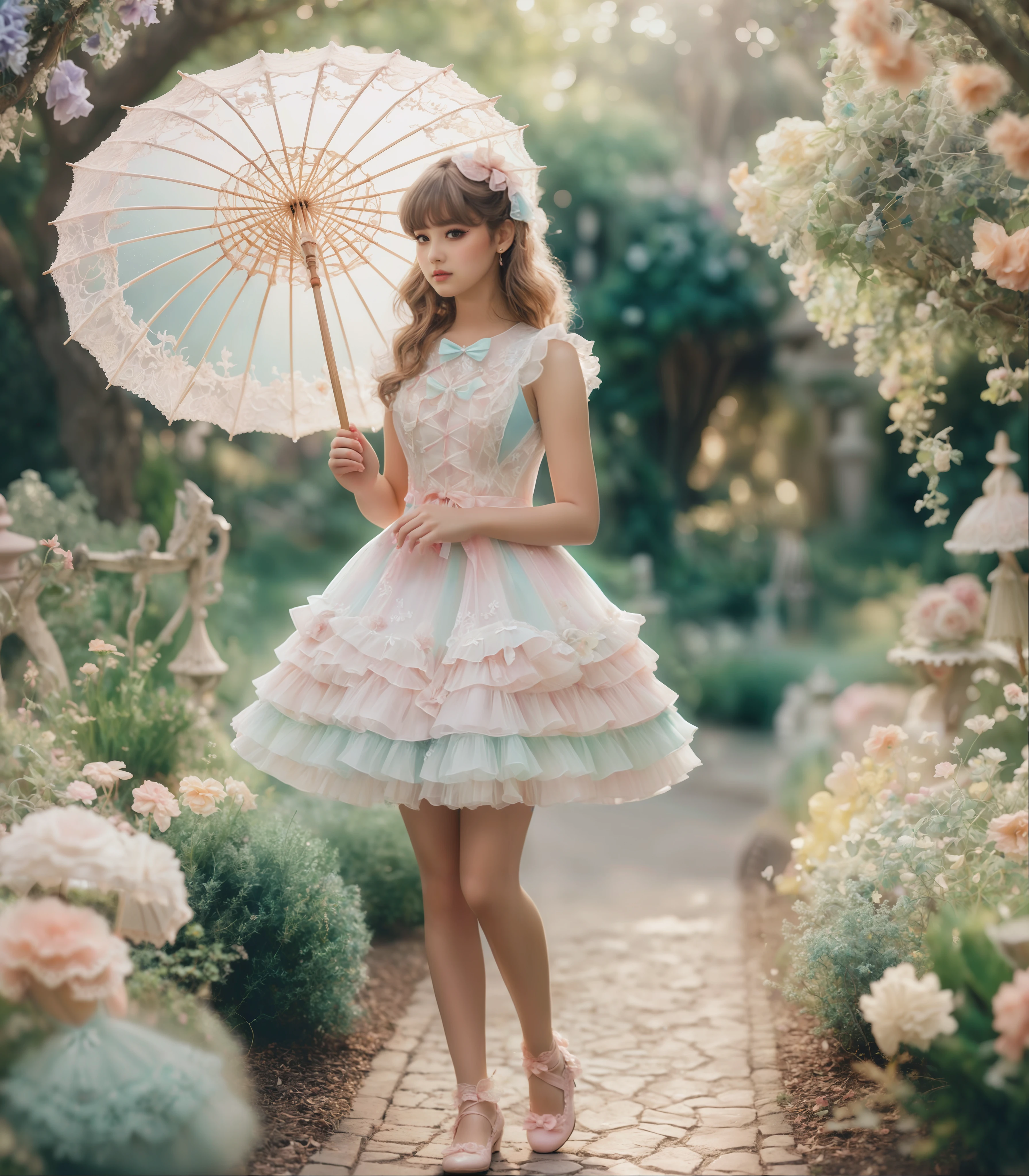 A girl wearing a short sweetegl dress, intricately adorned with frills, bows, and lace, twirling a parasol in a whimsical garden. Captured with a 35mm lens, creating a soft, ethereal focus and emphasizing pastel colors, SkinHairDetail-SDXL OverallDetail-SDXL<lora:sweetlolitaxlv5:0.7>