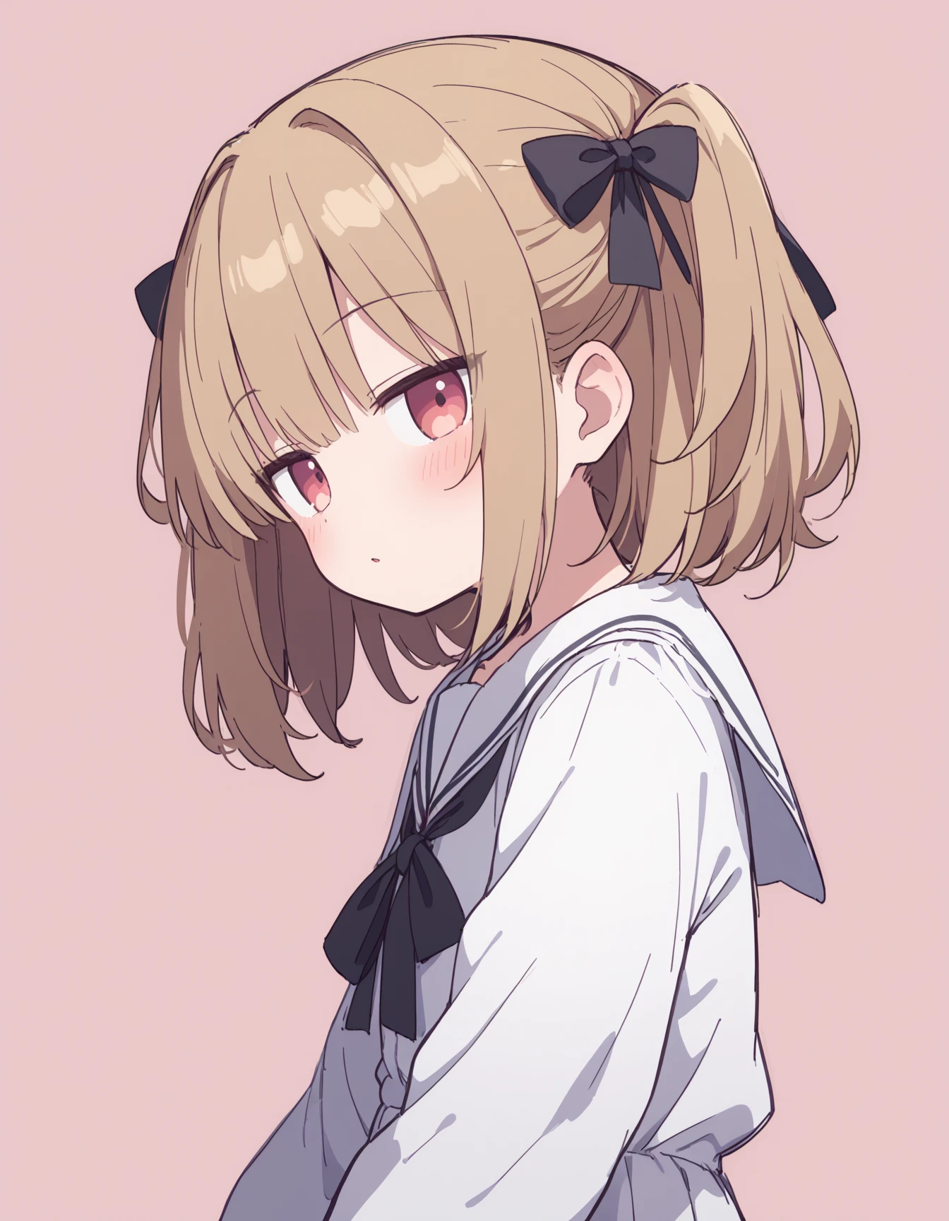 source_anime, best quality, 1girl, half twintail, (white blouse), black ribbon, :o, pink background, from side,