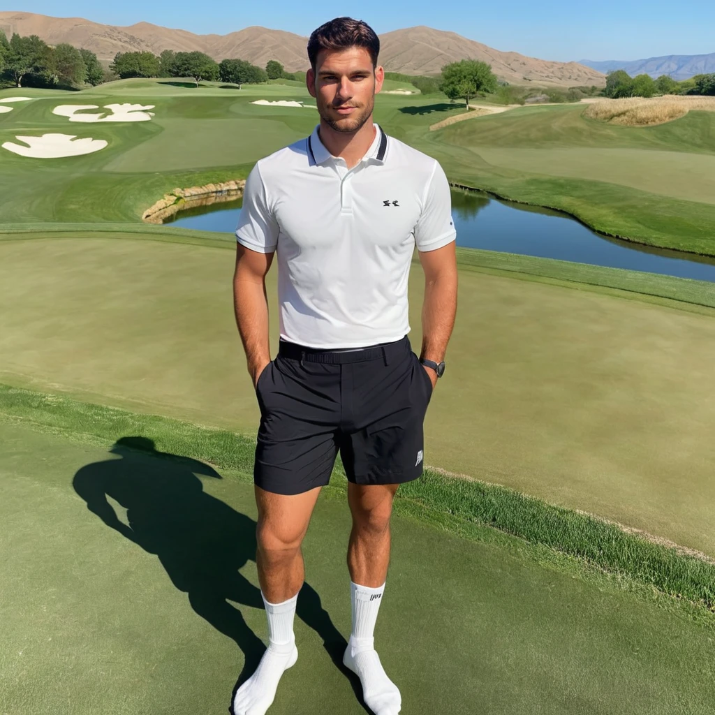 half body photo of a man,j4ckb0ff, facial hair, wearing black shorts, white polo shirt, white socks, (golf course with rolling hills), spring morning, slight smile, looking at viewer,  <lora:jakeboff:.9>