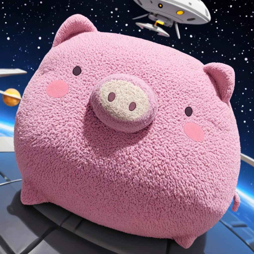 Boopig, plushie, toy, pig, snout, nostrils, simple eyes, round, plump, kawaii, fluff, fuzz, playing a practical joke on a friend, space station, stars, ufos, funny