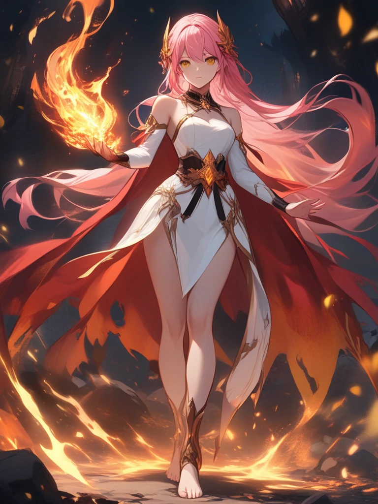 FRESHIDEAS,A powerful,fiery scene featuring a girl with long pink hair,standing barefoot amidst a burning landscape at dusk. Her fiery wings and hair blaze against the orange and yellow sky,reflecting the autumn leaves around her. She holds a burning leaf in one hand and wields a flaming sword in the other. Her tattered white dress and torn red cape flutter in the wind as embers and sparks surround her. The background shows a mountainous horizon with a volcano spewing molten rock,and a dark cave glowing with blue fire. Elements of magic,destruction,and autumn theme are present,with details **** jack-o'-lanterns,ginkgo leaves,and an orange sky hinting at a Halloween setting. The girl's eyes glow with yellow fire,and her expression is calm yet determined as she gazes at the viewer. The scene also includes hints of other elements **** a phoenix rising in the background,a campfire,a spirit flame,and distant fireworks,
