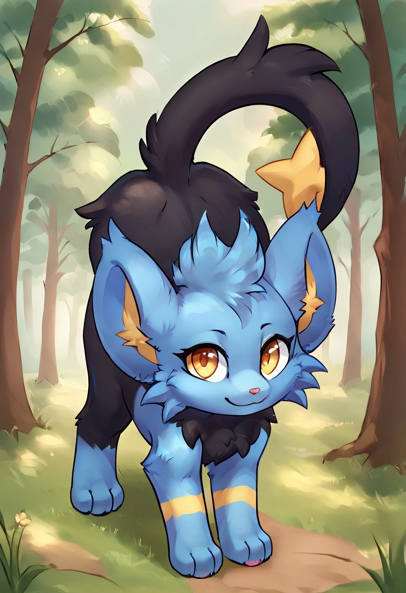 score_9, score_8_up, score_8,
forest outside
fluffy
Description
A female Feral shinx (solo:1.2), (Feral Lynx:0.4), long thin black tail, star-tipped tail, blue lynx ears, yellow inner ear fluff, ((small proportions:1.5), (feral proportions:1.5), chibi, (quadruped:1.5),) 
(blue boot markings:1.5), blue feet, pink pawpads, 3 toes
on all fours, from the front, smiling, looking at viewer, smile, bowing down,
top down shot