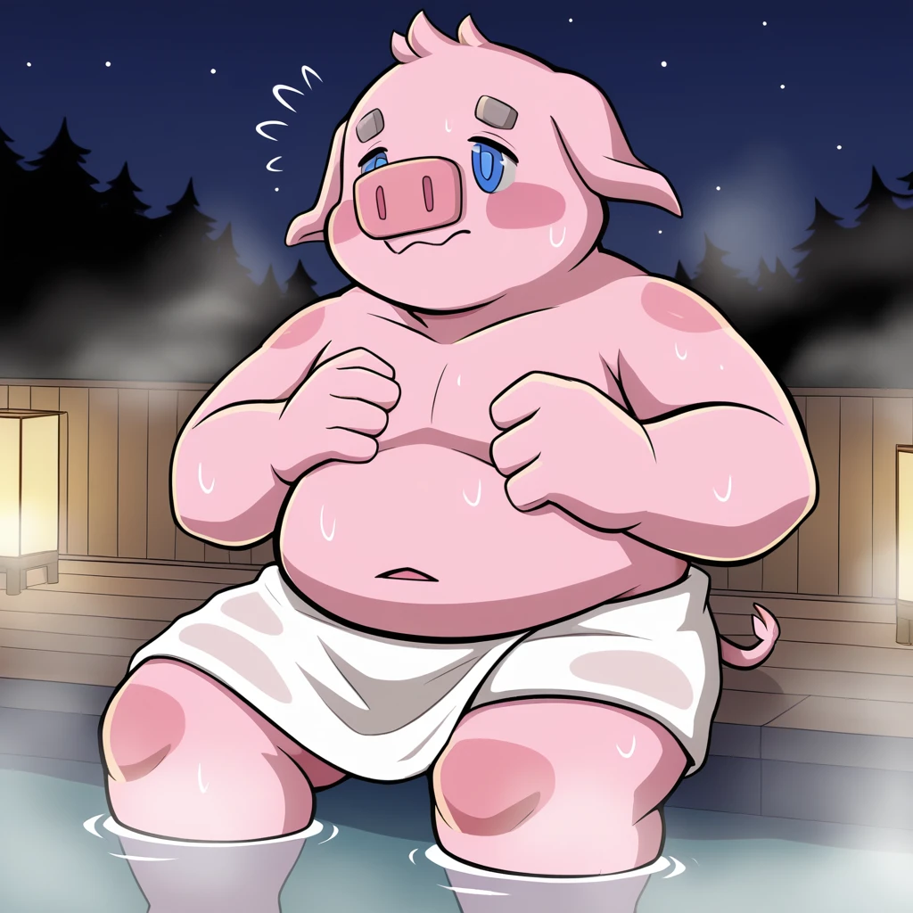 Hot Springs, embarrassed, closed mouth, steam, night,
<lora:brick-v2-13:1> br1ck, pig man, furry, fat, bathing, he dipped half, towel on the legs