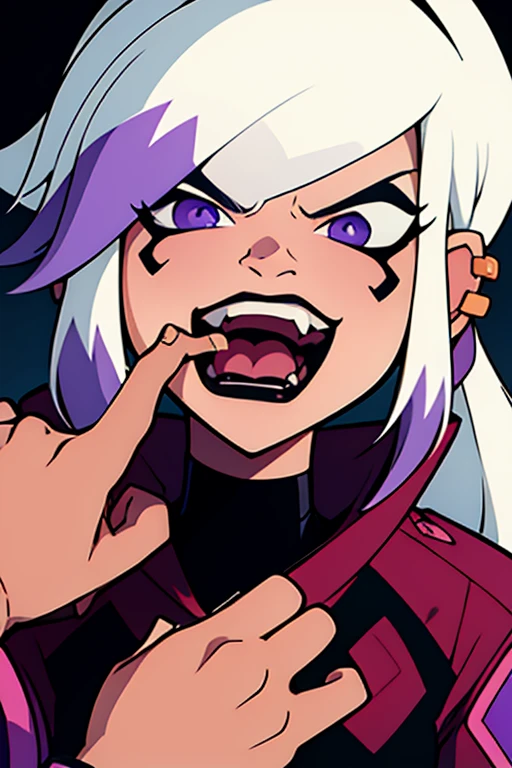 <lora:charm-06:0.8>charmcaster, white hair, ponytail, black lipstick, purple clothes, angry, <lora:FangInspectionDayV2:1> (finger in another's mouth:1.4), pov, pov hands, open mouth, drool, fiday, masterpiece, best quality