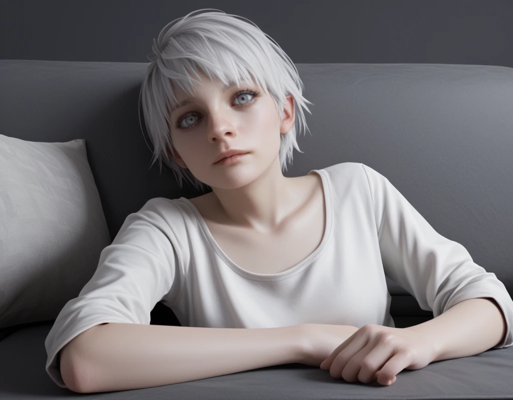 score_9, score_8_up, score_7_up,  <lora:Re7_Zoe_Baker:1> zoe-baker, re7, 1girl, solo, short hair, jacket, unisex shirt, silver eyes, white eyes, bandana, 1girl, white hair, looking at viewer, realistic, infected, on couch, surreal, fungal growth, lying, on side