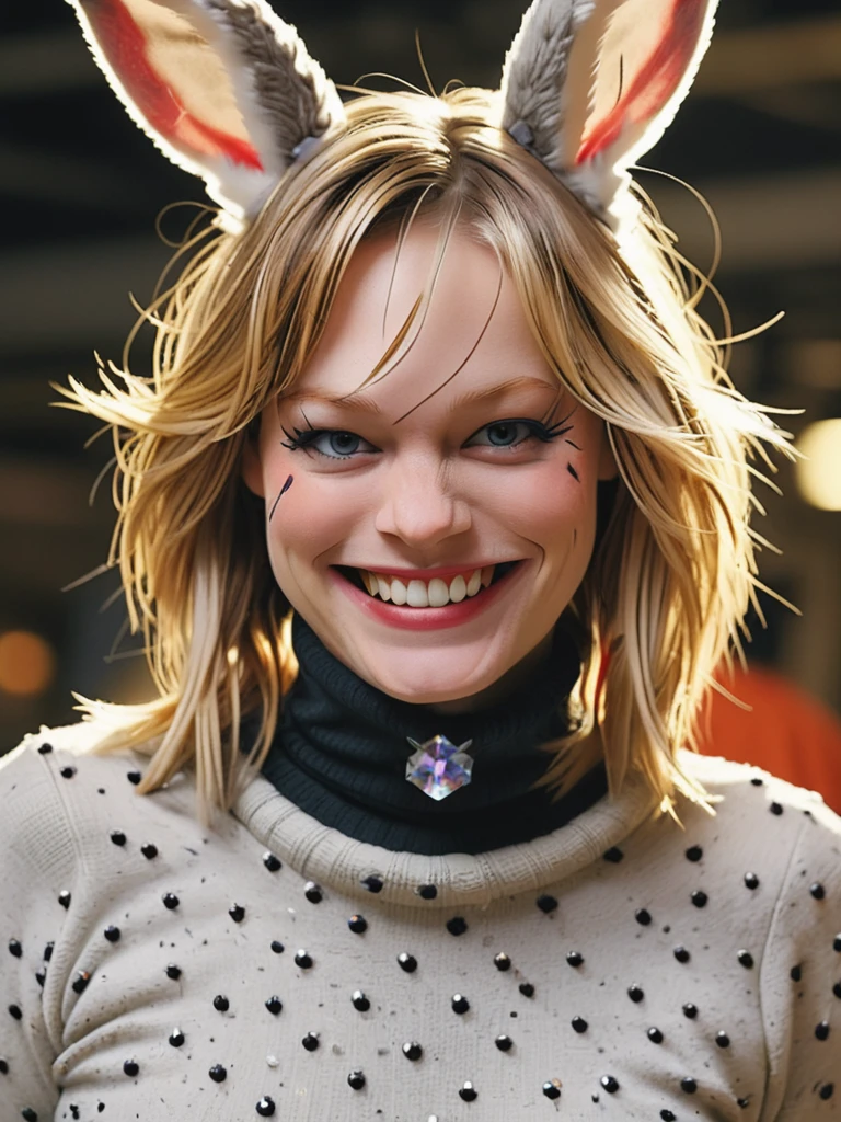 ultra detailed absurdres professional sharp focus 35mm photorealistic full torso photograph of 
(Crystal_Allen:1.1) with a chaotic smile,
cosplaying as harley the invisible rabbit wearing a turtleneck,
 <lora:Crystal_Allen-SDXLe10:0.8>