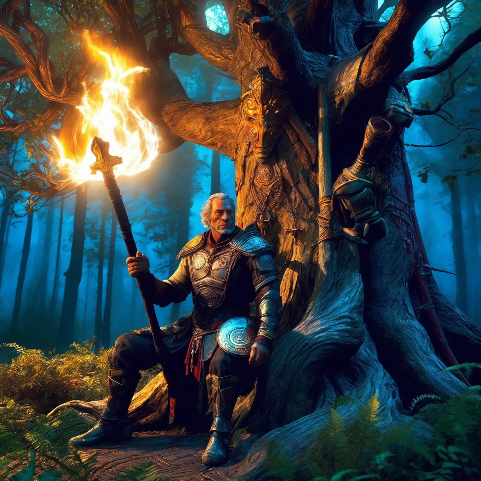 FRESHIDEAS,movie scene: an adventurer and a nature god. The adventurer is sitting under a large,ancient tree in the middle of a dense forest at night. He is dressed in medieval armor,with his big metal sword resting by his side and his shield leaning against the tree. The shield has its own noble drawings and colur on. A campfire crackles in front of him,far from the tree casting a warm glow on his face and the surrounding area. A good big tree spirit creature emerges from the nature with love to bless the adventurer. The man is unaware Of the sudden luck. Dramatic colours,drama suspense. The chevalier,deep in thought,gazes into the flames,with a look of quiet contemplation. The forest around him is shadowed,mysterious,and peaceful. keywords: blessing luck strong power faith defence rightness will,