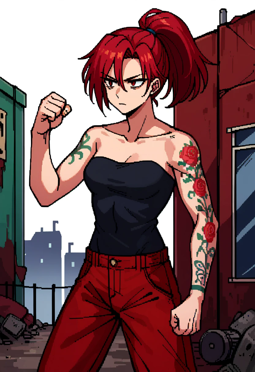 PonyXLV6_Scores, source_anime,1girl,natashamrb, <lora:NatashaMRBPony:0.85>,standing,fighting stance,red hair,tattoo,ponytail,strapless,red pants,expressionless,medium breasts,slum,concrete buildings,outdoors,cowboy shot, <lora:retro_pcgame_style_XL(pony):1>