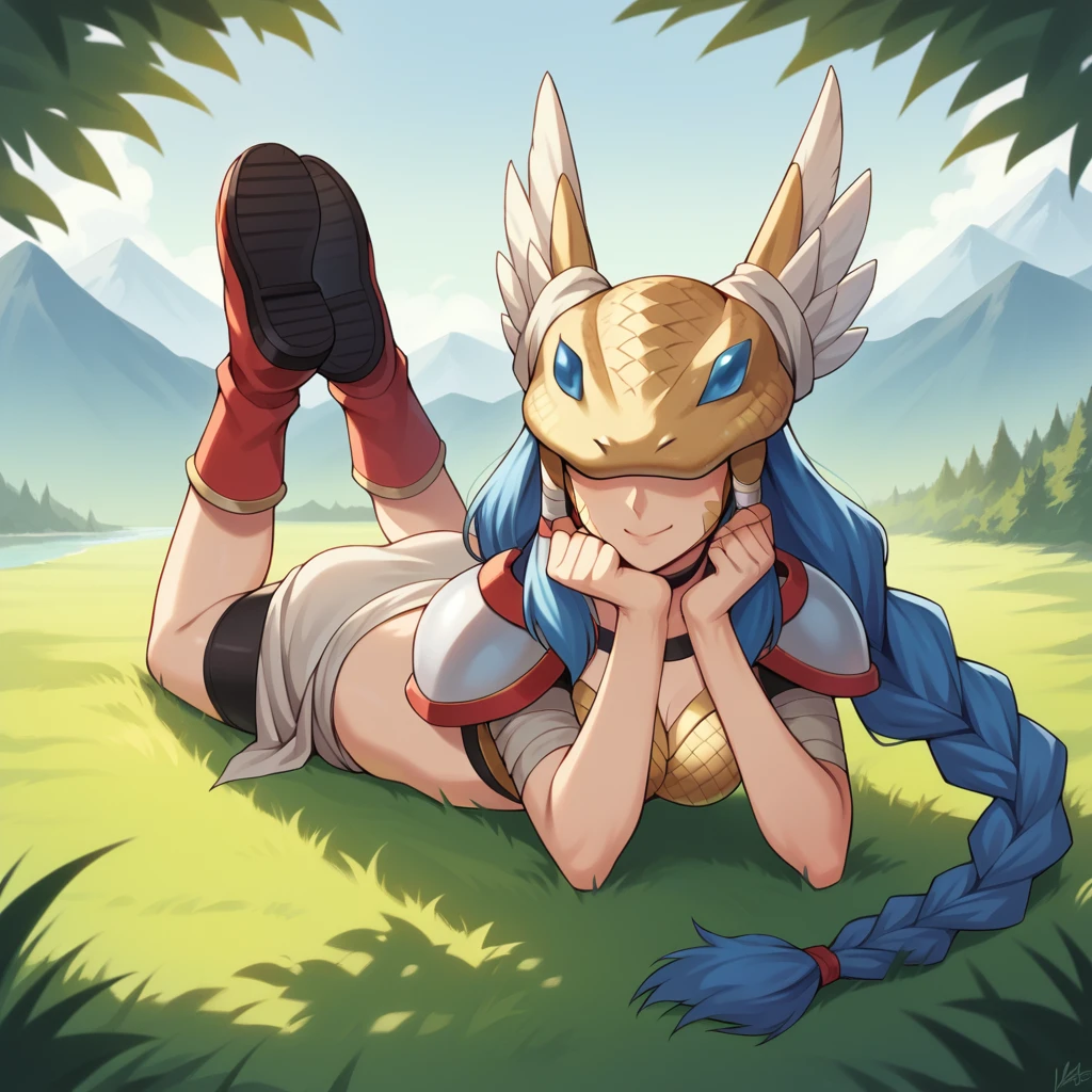 score_9_up, score_8_up, score_7_up, source_anime, masterpiece, best quality, 1girl, solo, Mvon, Minervamon sunlight through leaves, lying on grass, feet up, red ankle boots, face focus, gentle smile, head rest, long hair, blue hair, twin braids, braided twintails, covered eyes, helmet over eyes, snake head, midriff, black choker, scale armor, bra, shoulder armor, bike shorts, winged helmet, white sarong, black sleeves, gauntlets, armor, dynamic cowboy shot, outdoors, forest mountains river, background