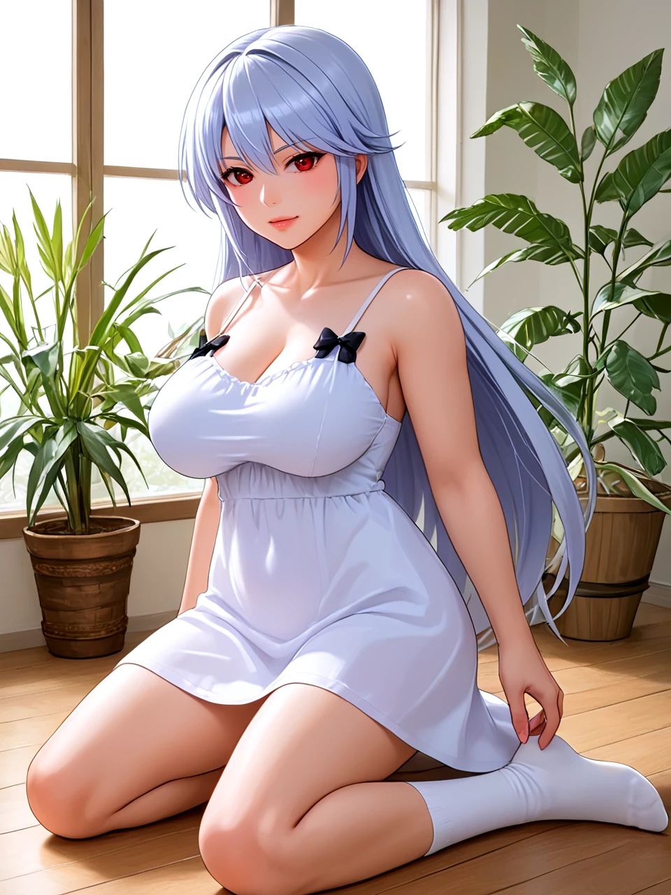 <lora:Ariadne:1.0> 1girl, pretty curvy mature female, round breasts, <lora:494728@321630_kazami_kazuki_ponyxl:0.6> kazami kazuki xl, Kazuki, silver hair, long hair, red eyes, white shirt, blue dress, black bow, white sundress, white socks, source_anime, source_furry, prehistoric dolphinlike ichthyosaurs chasing a school of fish in a primeval ocean, on kneels,illustration,plant,ultra highres