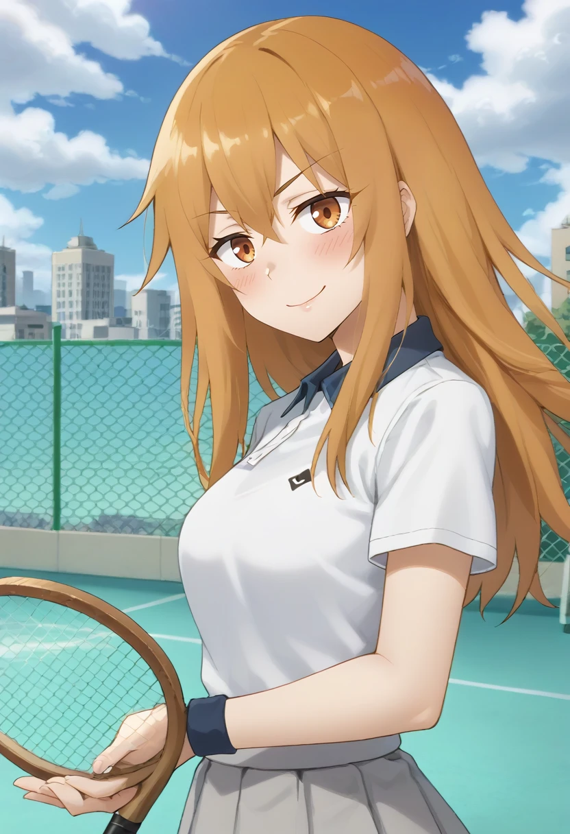 Gamou Maki  , solo, standing, from side, looking at viewer, tennis uniform, holding tennis racket, smile, blush, outdoors, tennis court, clouds, fence, city<lora:FFA:1>