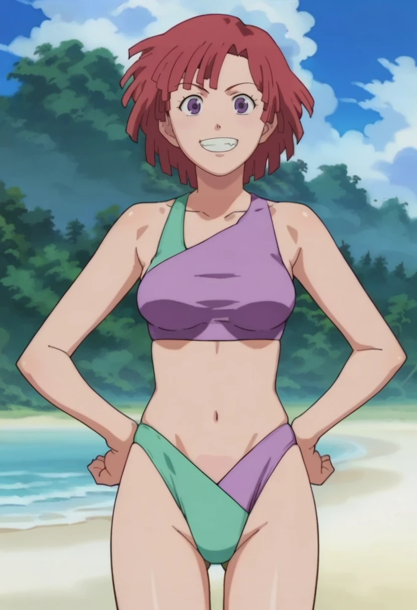 Amano_Madoka_Beyblade, 1girl, solo, short hair, aqua eyes, brown hair, goggles on head, in pink bikini, strapped, Smile, big breasts , big thighs high quality, white thighighs stockings,embarrassedblushing in beach