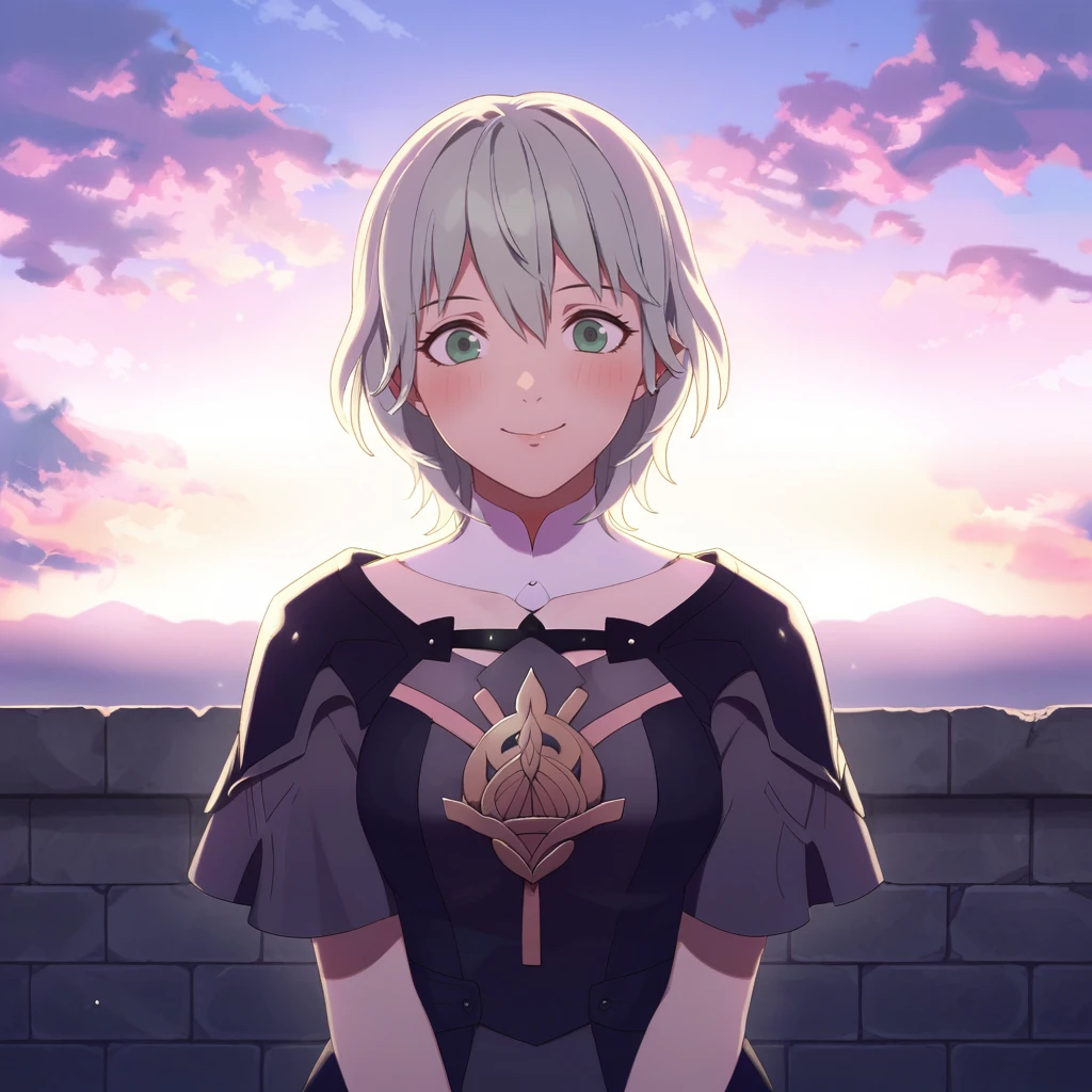 score_9, score_8_up, score_7_up, score_6_up, score_5_up, score_4_up, zPDXL2,source_anime,rating_questionable, 1girl, looking at viewer, smile,flustered, shy, blush, byleth (fire emblem), <lora:S-Support:0.8> SSupp0rt, cloud, scenery, outdoors, short stone wall, horizon, cloudy sky, sunset, sunlight, brick wall