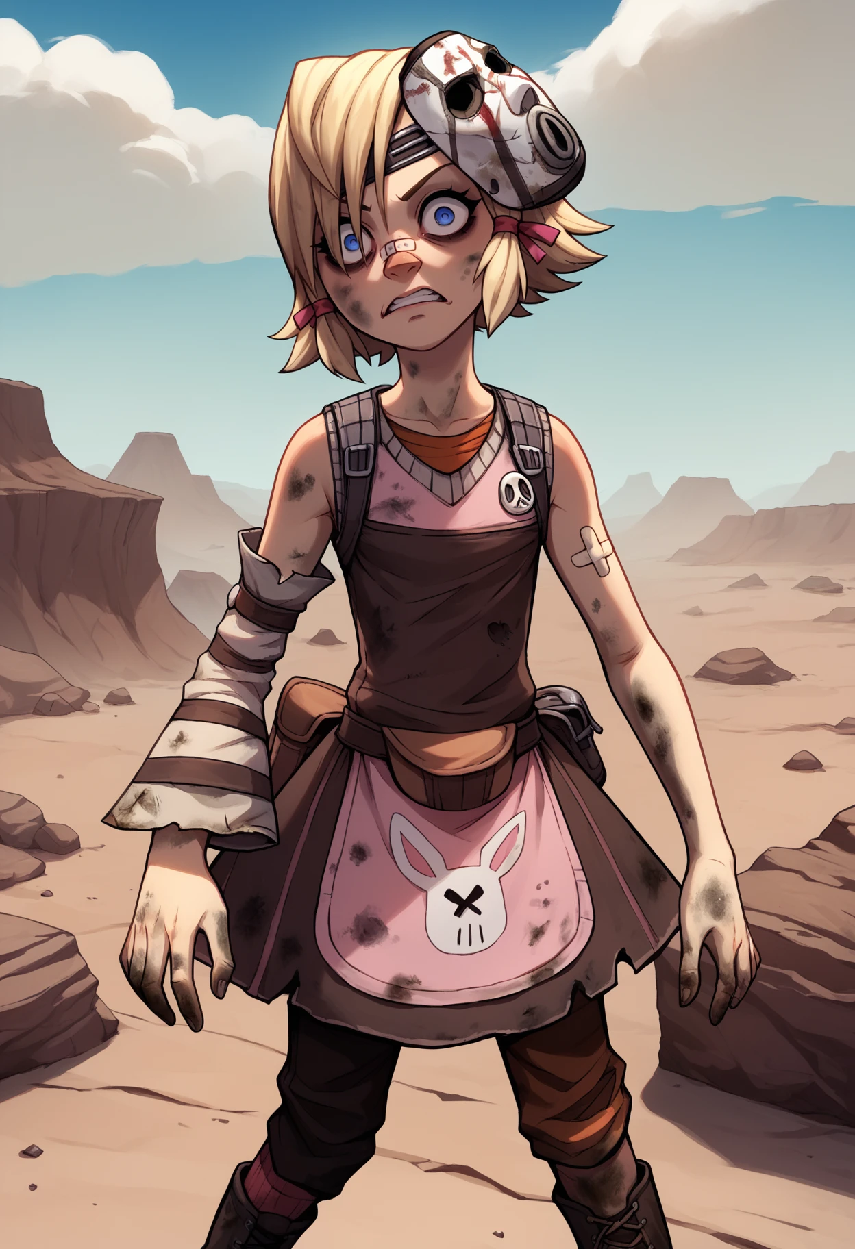 score_9, score_8_up, score_7_up, BREAK
1girl, tinytina, blonde hair, short hair, blue eyes, mask on head, bandaid on nose,
apron, boots, detached sleeves, pants,
crazy eyes, dirty, upper body,desert, canyon, wasteland, blue sky   <lora:TinyTinaXL:1>