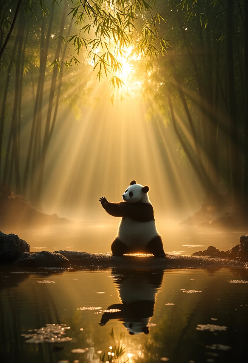 tranquil pond in a bamboo forest at dawn, sun is barely starting to peak over the horizon, panda practices Tai Chi near the edge of the pond, atmospheric perspective through the mist of morning dew, sunbeams, its movements are graceful and fluid - creating a sense of harmony and balance, the pond's calm waters reflecting the scene, inviting a sense of meditation and connection with nature, style of Howard Terpning and Jessica Rossier, <lora:other/flux_realism_lora:1.0>