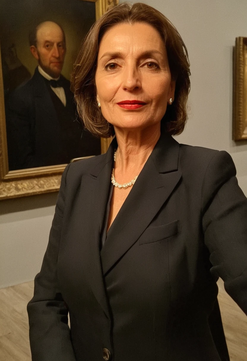 photo selfie of a middle aged woman in a business suit in an art gallery at night, artificial light, historical painting in the background, old building <lora:mobile:1>