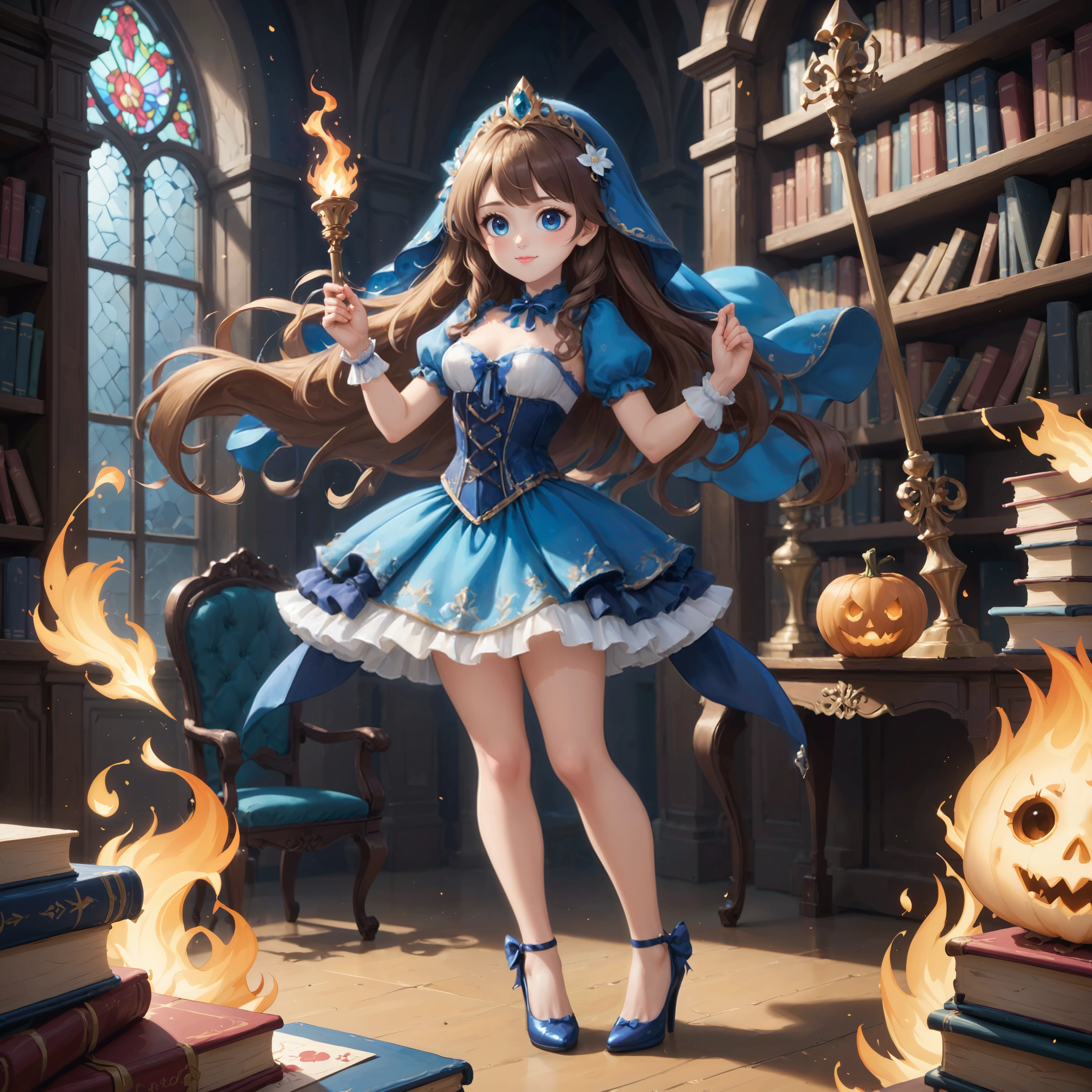 1girl (full body), cute girl, (dynamic pose:1.2)
wearing a dark blue and bronze sweetegl dress with a (very full short skirt) and (extremely tight bodice corset)
wearing (pretty cute heels)
(gazing around) a massive fantasy library
lit by magical flames, soft mystical lighting
<lora:sweetlolitaxlv5 (71):0.8>