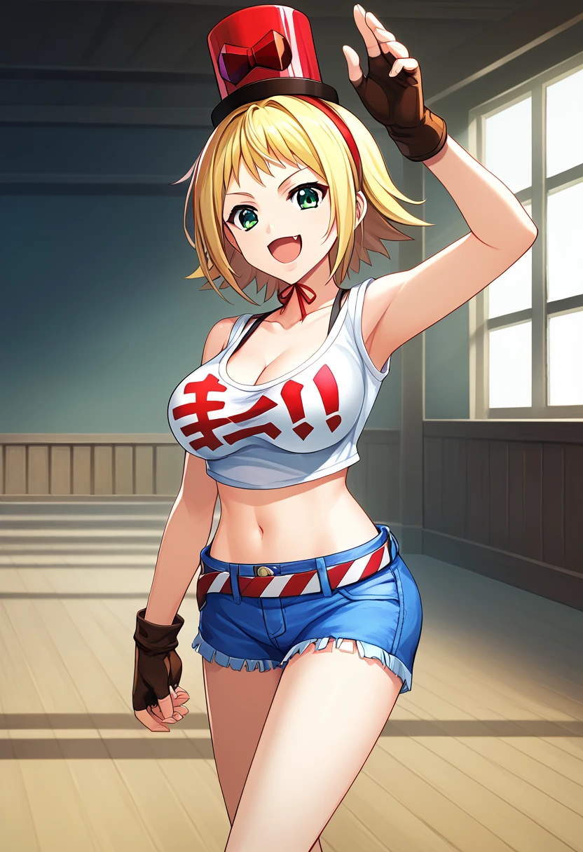 score_9, score_8_up, score_7_up, BREAK source_anime, best quality, masterpiece,very aesthetic, zPDXL2,official art,detailed_eyes,1girl, solo,
patoranran, blonde hair, short hair, green eyes, large breasts, fang
top hat, object on head, hairband, breasts, cleavage, shorts, fingerless gloves, navel, gloves, midriff, short shorts, crop top, denim, shoes, denim shorts, sneakers, tank top, belt,
<lora:patoranran_pony_v1:1> 
( standing:1.3),(dynamic pose),
smile, open mouth,  
looking at viewer,(cowboy shot,:1.5 ),
indoors, (mahjong)