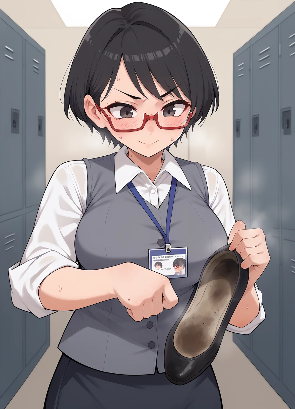 score_9, 1girl, solo, lanyard, (id card:0.8), grey vest, sleeves rolled up, black flats, smile, closed mouth, [v-shaped eyebrows:2],
short hair, white shirt, holding shoes, upper body, (smell:0.8), sweat, blush, stain, large breasts, red glasses, (wide-eyed:0.7), locker, office, eyelashes , black hair, looking down
<lora:flats:1>
<lora:holding_shoes_anime_xl_v1:0.45>
<lora:Kishisato_Satoshi_Assorted_Doujin_Artstyle_Blend_PonyXL:0.45>
<lora:Dirty_steamy_sweaty_NTR_H_Style_Pony:0.2>
<lora:Lunas-HeroNeisan-SDXL-A1:0.2>