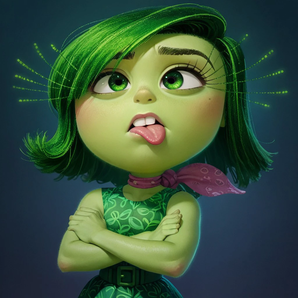 score_9, score_8_up, score_7_up, score_6_up, score_5_up, score_4_up, rating_safe, DisgustEmotion, glowing, 1girl, green skin, green hair, arms crossed, glowing, giant broccoli, disgutsed look, sticking tongue out