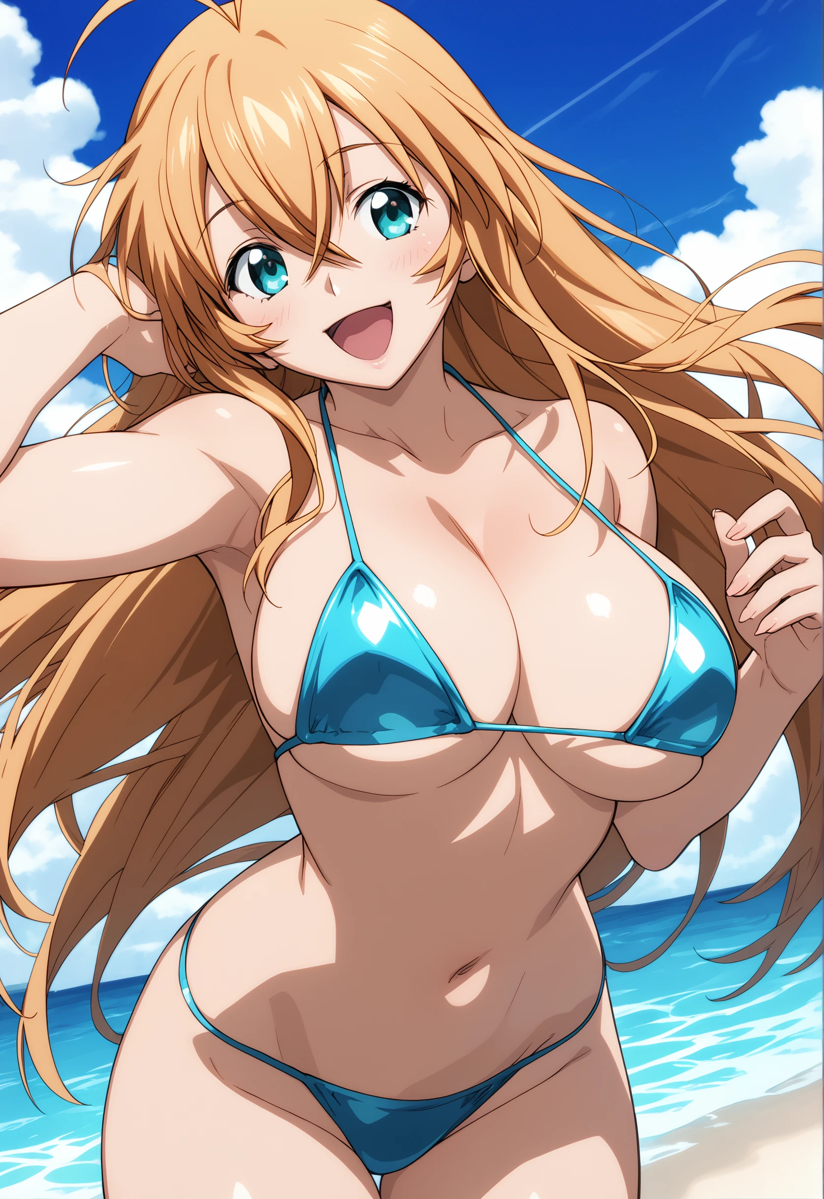 score_9, score_8_up, score_7_up, source_anime, 1girl, solo, outdoors, ocean,<lora:SonsakuhakufuPony_V01:1> sonsakuhakufupony, long hair, blonde hair, aqua eyes, hair between eyes, antenna hair,  large breasts, sexy, glamor, anime screencap, smile, looking at viewer, closed mouth,  cowboy shot, micro bikini, open mouth,
<lora:flat_sdxl:-0.4> <lora:Fixhands_anime_bdsqlsz_V1:1>