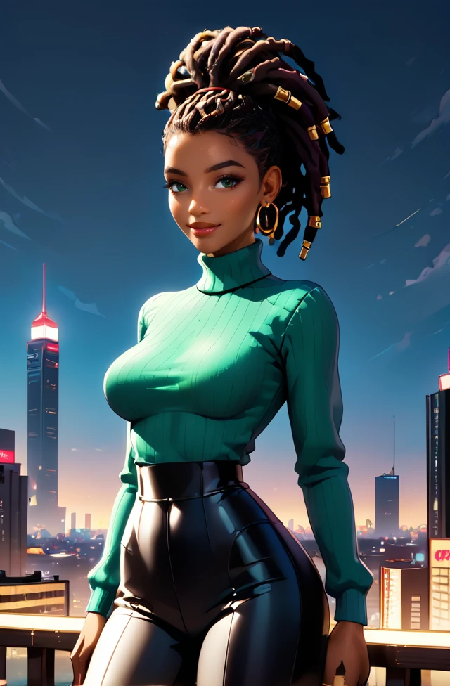 a young 20yo woman wearing Cowl Neck Sweater and Corduroy Pants    , skyscraper, towering height, glass facades, urban skyline, bubble booty,  ((medium breasts)), petite tone arms, tone athletic body, petite, small waist, ,Wry smile expression, 1girl, solo, dreadlocks hairstyle, dark skin, dark-skinned female ,jewelry, lips, <lora:Chloe_Bailey:.88> <lora:bubble_butt_v3-sdxl-LoRA:.6> <lora:Expressive_H:.8> ,<lora:Muscle_Bimbo_SDXL:.14> <lora:add-detail-xl:.85> <lora:Microwaist_XL_v01:.4> <lora:Chiaroscuro Lighting Style:.75> <lora:style_lora_dadaptadam_realis:.6> <lora:PerfectEyesXL (1):.25>