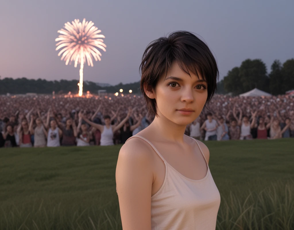 score_9, score_8_up, score_7_up, <lora:Re7_Zoe_Baker:1> zoe-baker, re7, 1girl, solo, short hair, tank top, jacket, bandana, 1girl, black hair, looking at viewer, realistic, v, woodstock, music festival, concert, crowd, scenery, grassland, field, fireworks, photorealistic, pores, skin,