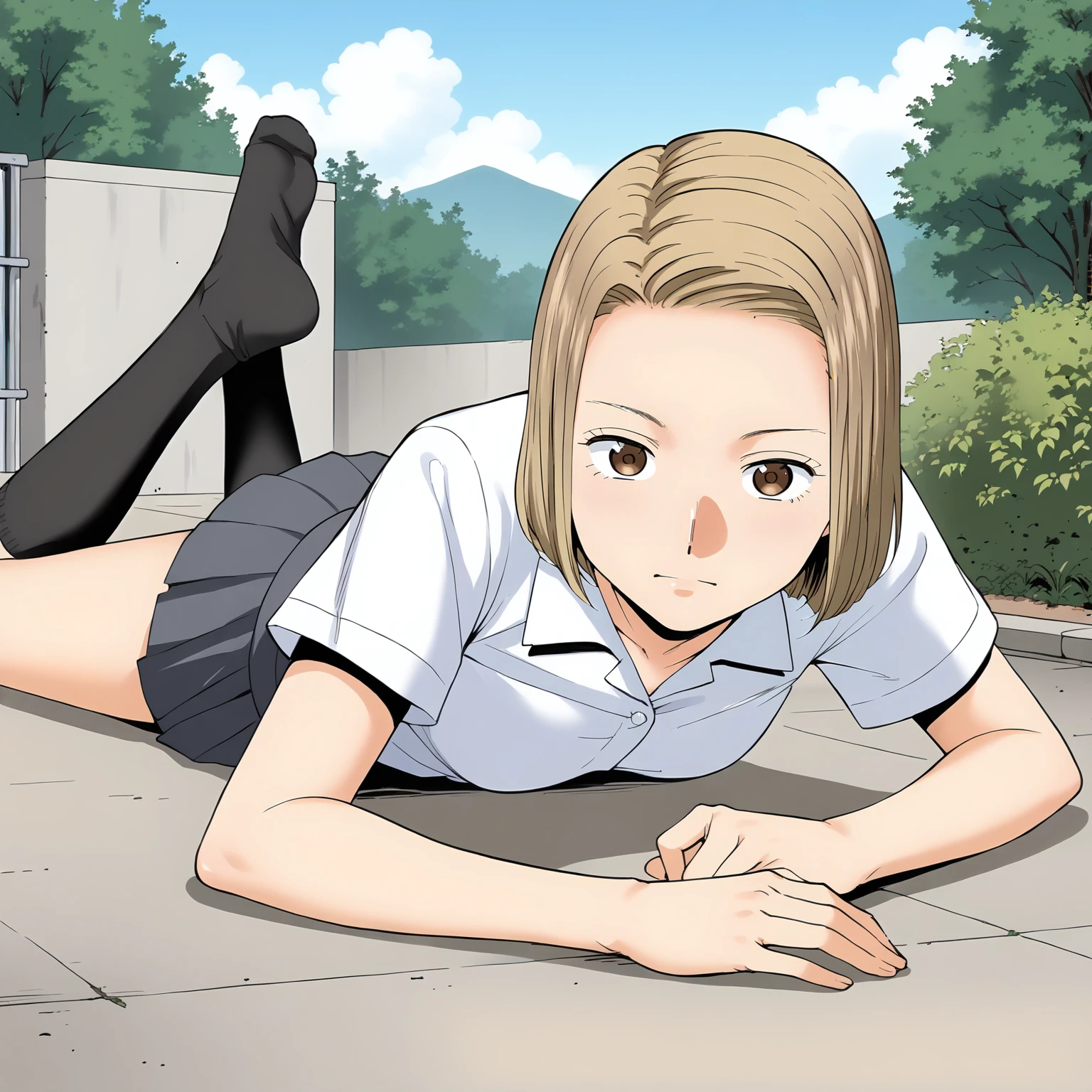 <lora:KZ_TomonoNiiyamaXLpony001>,
solo,
TomonoNiiyama,1girl,blonde hair,bob_cut,forehead,brown eyes,
medium breasts,
dress_shirt,short_sleeves,
pleated_skirt,
black socks,knee length socks,
outdoors,
on stomach,the_pose,