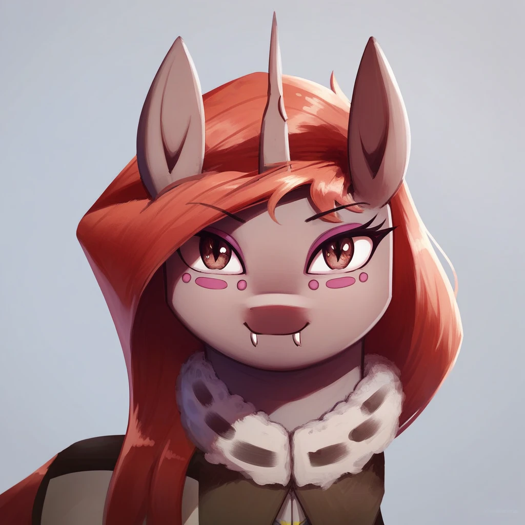 masterpiece, score_9_up, score_8_up, score_7_up, score_6_up, (best quality:1.1), ultra-detailed, high resolution, 1character, solo, Argynnis, mlp, changeling, changeling queen oc, feral, female, (((beautiful detailed light-brown eyes))), long eyelashes, ears, crooked horn, gray skin, dark pink freckles, red mane, smile, closed mouth, fangs, brown coat, fluffy collar, looking at viewer, portrait, simple background, highly visible, sharp focus, anatomically correct, extremely detailed