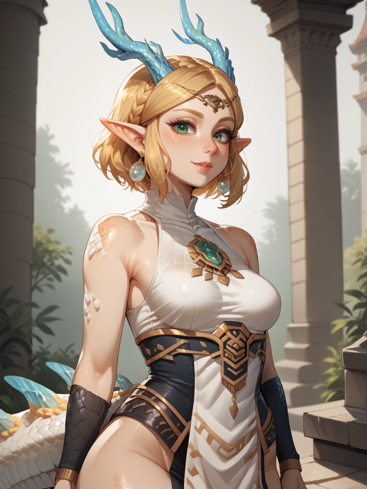 score_9, score_8_up, score_7_up, score_6_up, score_5_up, score_4_up, detailed eyes, beautiful eyes, <lora:PONYXL_FD-MegaBreastPack:0.5>  <lora:Test Light dragon Zelda Hybrid:1> Zelda, blonde hair, short hair, elf ears, green eyes, hybrid, scales, white scales, horns, blue crystal horns, tail, shoulder scale, neck dress, sleeveless, deteached sleeves, <lora:Scalie:1> scalie, scales, temple, looking at viewer,