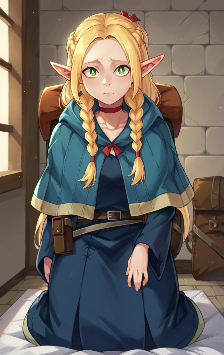 score_9,score_8_up,score_7_up BREAK <lora:marcilledonato:1>,marcilledonatoSDXL,1girl,solo,long hair,blonde hair,green eyes,braid,choker,pointy ears,belt,bag,twin braids,capelet,backpack,elf,pouch,robe,cowboy shot,room,room background,kneeling,v,