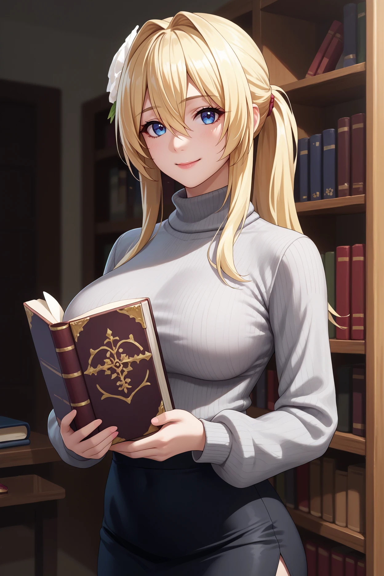 score_9, score_8_up, score_7_up, score_6_up, source_anime, 1girl, solo,  <lora:elishaelfrieden-pdxl-nvwls-v1-000004:1> erisha, blonde hair, ponytail, hair intakes, hair between eyes, long hair, hair ornament, hair flower, grey sweater, turtleneck, black skirt, pencil skirt, holding book, large breasts, looking at you, happy, bookshelf