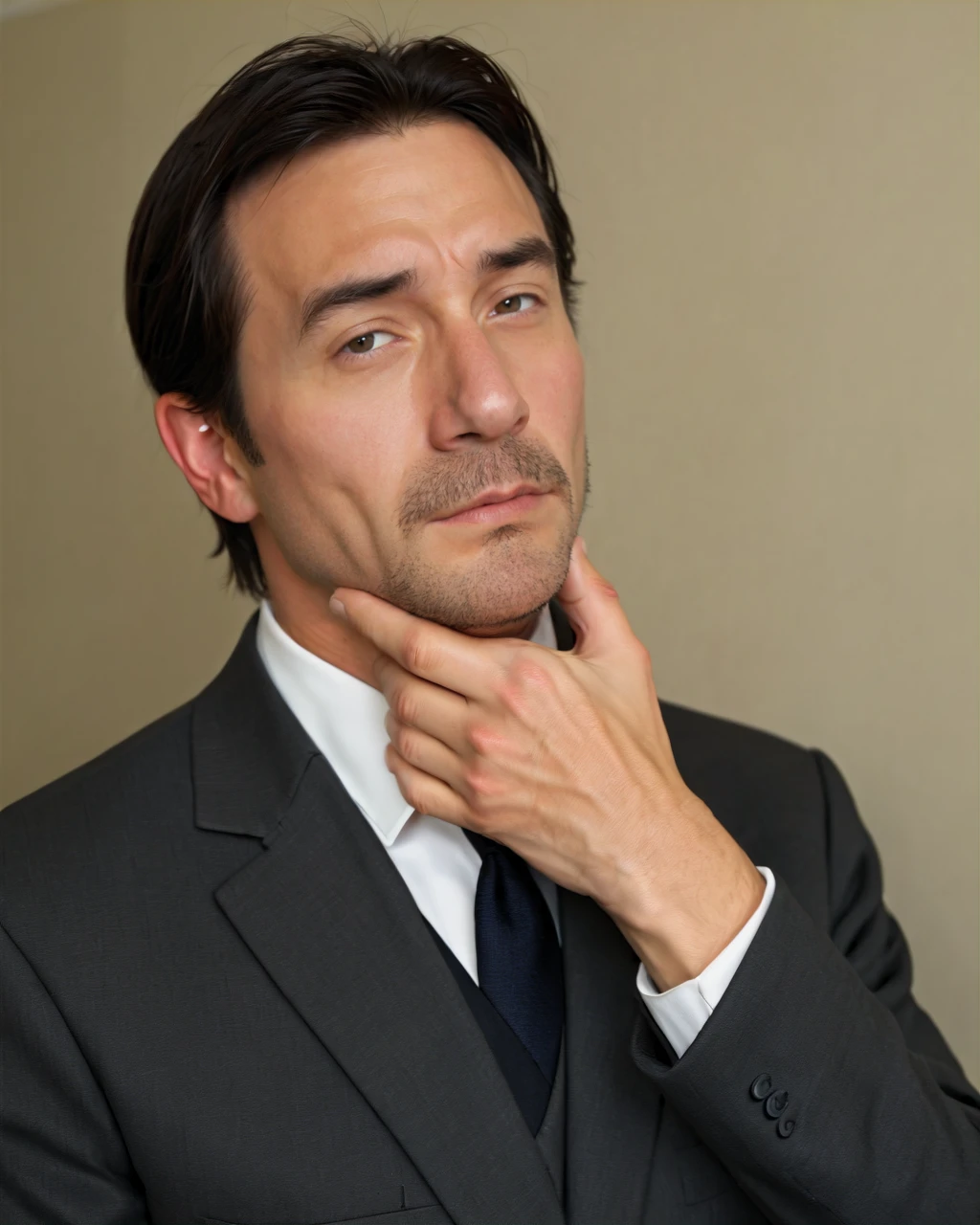 1boy, black hair, facial hair, formal, hand on own chin, male focus, mature male, short hair, solo, stroking own chin, stubble, suit, upper body