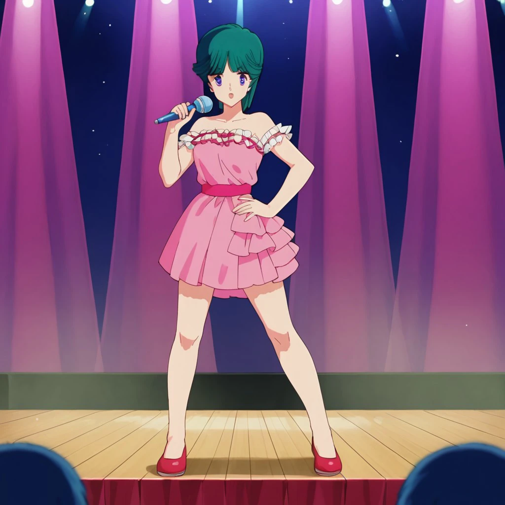 1girl, solo, Kurumi, green hair, short hair, bangs, blue eyes, dress, frills, pink clothing, bare shoulders, skirt, pink skirt, red footwear, singing, full body, stage, idol, microphone, hand on hip, front view,