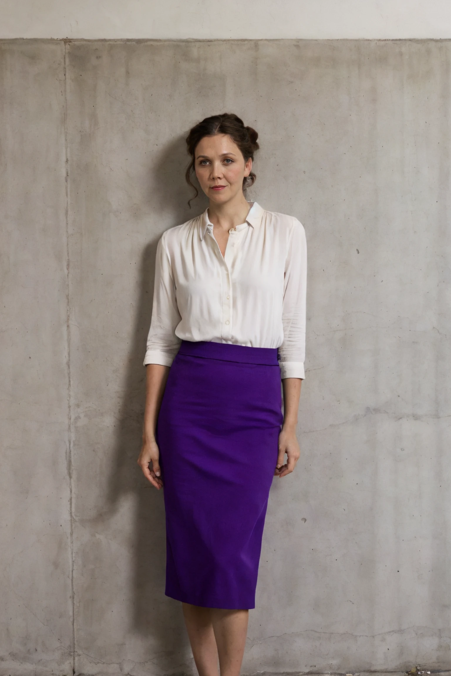 1girl, a woman in a white blouse and purple pencil skirt standing in an empty room, simple cement wall in the backdrop
 <lora:mg77_us_lora_v01:1> mg77