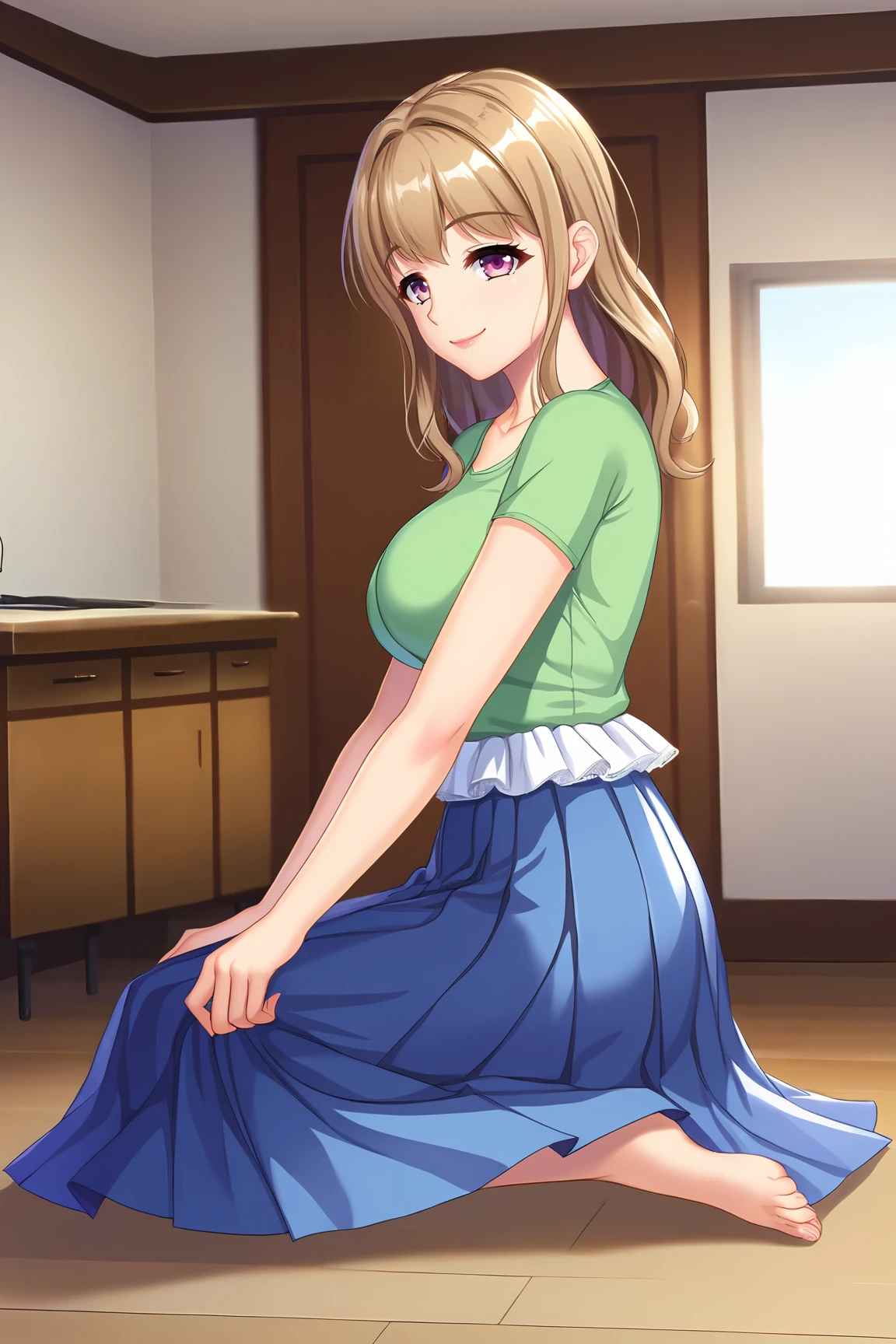 score_9, score_7_up, source_anime, 
BREAK
solo, 1girl, 
<lora:KoshimizuSanae-02:0.8>,
KoshimizuSanae, pink eyes, purple eyes,
light green shirt, short sleeves, blue skirt, long skirt, pleated skirt, collarbone, lace-trimmed shirt, shirt over skirt, white lace, white frills,
BREAK
:p, smile, 
tree rustling, 
Kneeling, 
from side,