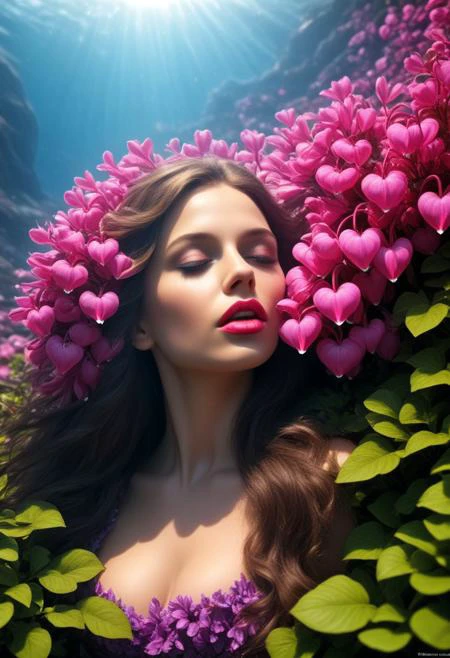 Alyssa in a flower landscape cove of intricate bleeding heart (dicentra) flowers, she wear's a spilt galaxy dress with a open chest v neck style, walking on a path of a silken road, raw, masterpiece, hyper exquisite, extreme insanely realistic detailed and intricate, extreme quality, extreme best picture, extreme realistic detail, extreme photo full body realism, extremely super fine naked photo detail, hyper 1080P, extreme realistic 3D, extreme HD, extreme VFX, extreme SFX, extreme FKAA, extreme TXAA, extreme RTX, extreme SSAO, puffy lips, plump lips, cracking lips, random color, my flower landscape