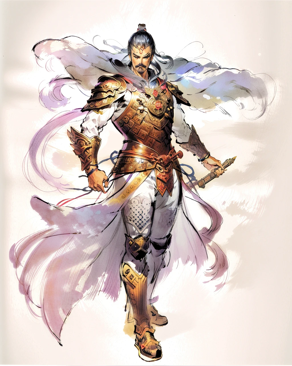 best quality,masterpiece,highly detailed,ultra-detailed, 
1boy, armor, chen-uen, comic, forehead jewel, full body, holding sword, long hair, looking at viewer, male focus, multiple boys, mustache, simple background, solo, traditional media, weapon, white background, é­å
  <lora:Chen-Uen:1.5>