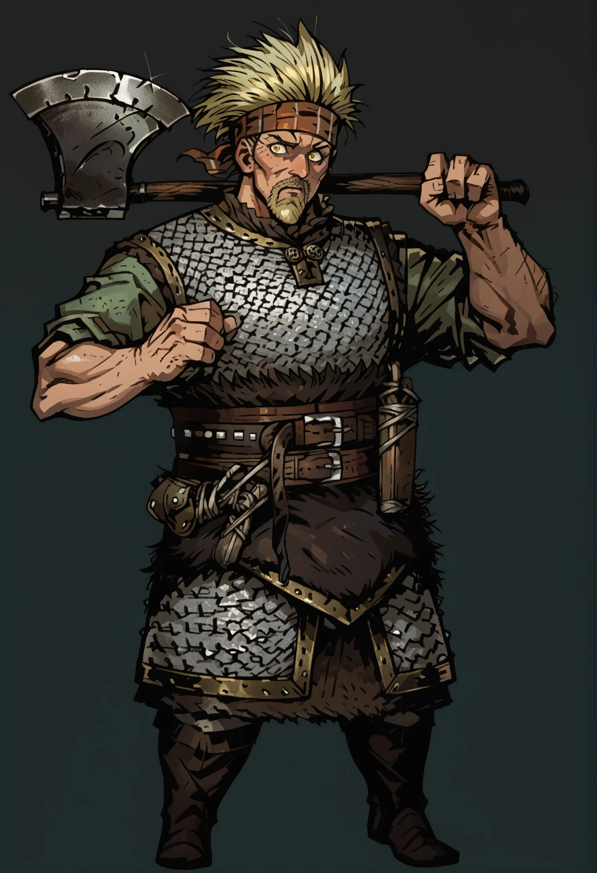 1boy, solo, full body <lora:Thorkell-v2:1> Thorkell, beard, (yellow eyes:1.15), chainmail armor, belt, headband, short green sleeves, holding axe <lora:DarkestDungeon-Style:0.8>, score_9, score_8_up, score_7_up, score_6_up