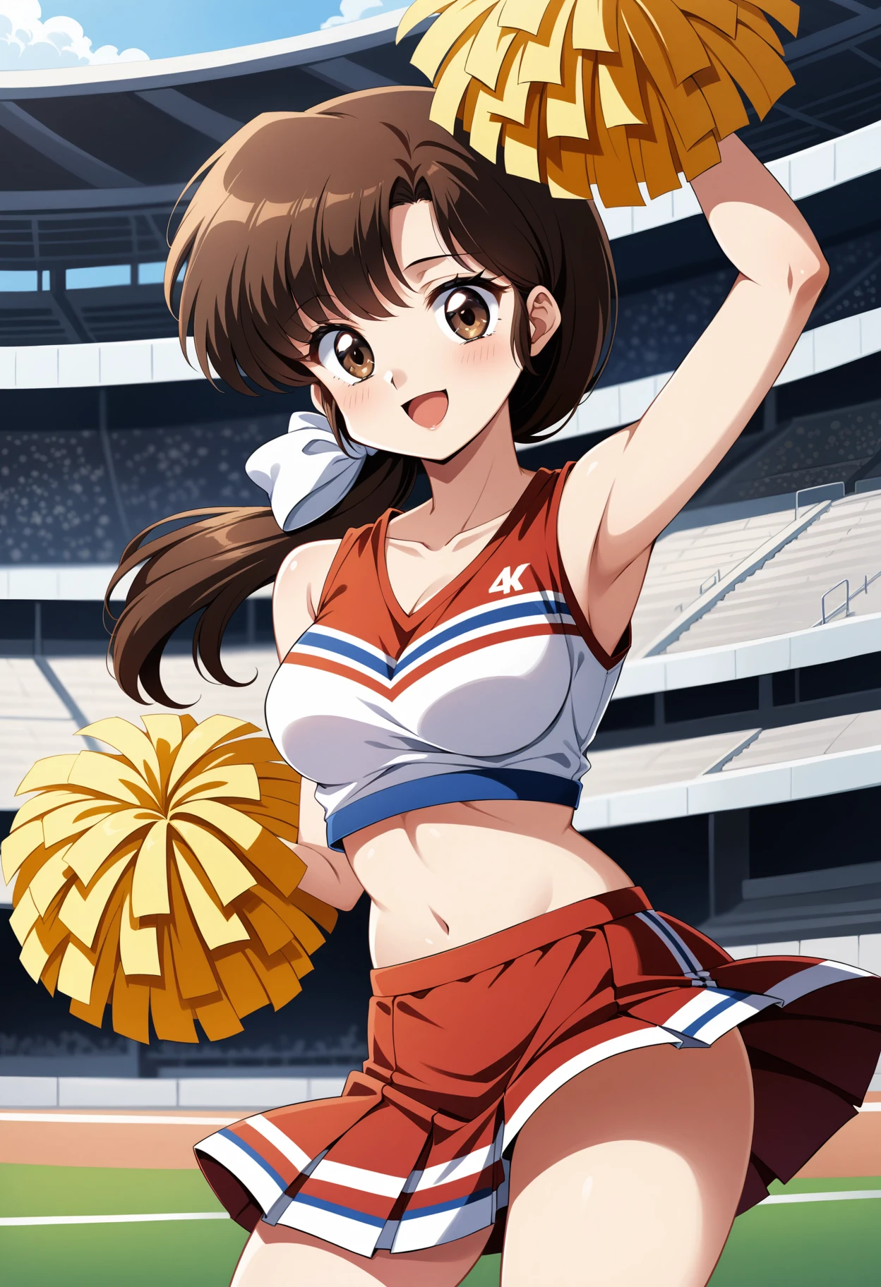 (masterpiece, best quality, very aesthetic, ultra detailed), intricate details, 4k, aakasumi, hair over shoulder, brown hair, brown eyes, long hair, medium breasts, low ponytail, <lora:tendou_kasumi_animagine_v1:0.9>, cheerleader, pom pom \(cheerleading\), smile, open mouth, arm up, stadium, standing, cowboy shot,